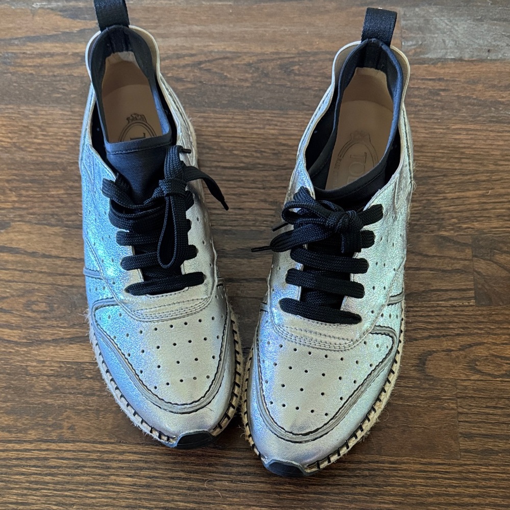 Tod's Metallic Silver Leather Sneakers with Black Laces